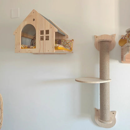 Wall Mounted Cat Climbing Shelves Cat House Cat Bridge Cat Hammock with Scratching Post and Pedals or Stairway for Kittens