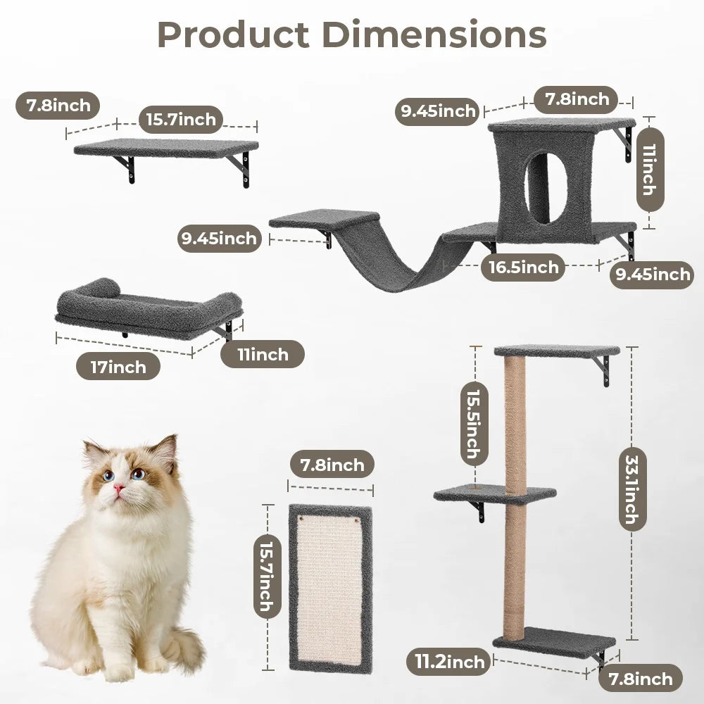Cat Wall Shelves Perches Set,  5 in 1 Wall Furniture, Sleeping Playing Lounging Climbing Wall-Mounted Cat Tree House for Multiple Cats