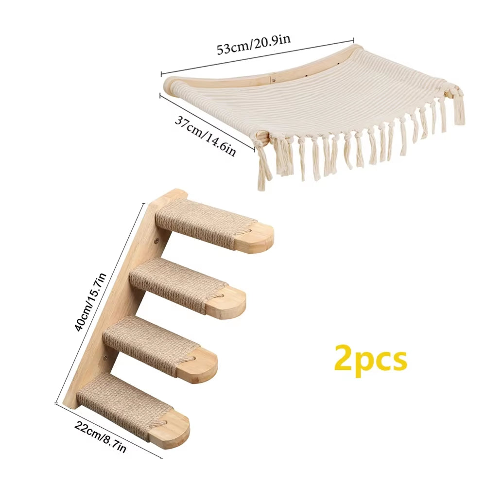 Wall Mounted Cat Climbing Shelves Cat House Cat Bridge Cat Hammock with Scratching Post and Pedals or Stairway for Kittens
