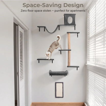Cat Wall Shelves Perches Set,  5 in 1 Wall Furniture, Sleeping Playing Lounging Climbing Wall-Mounted Cat Tree House for Multiple Cats