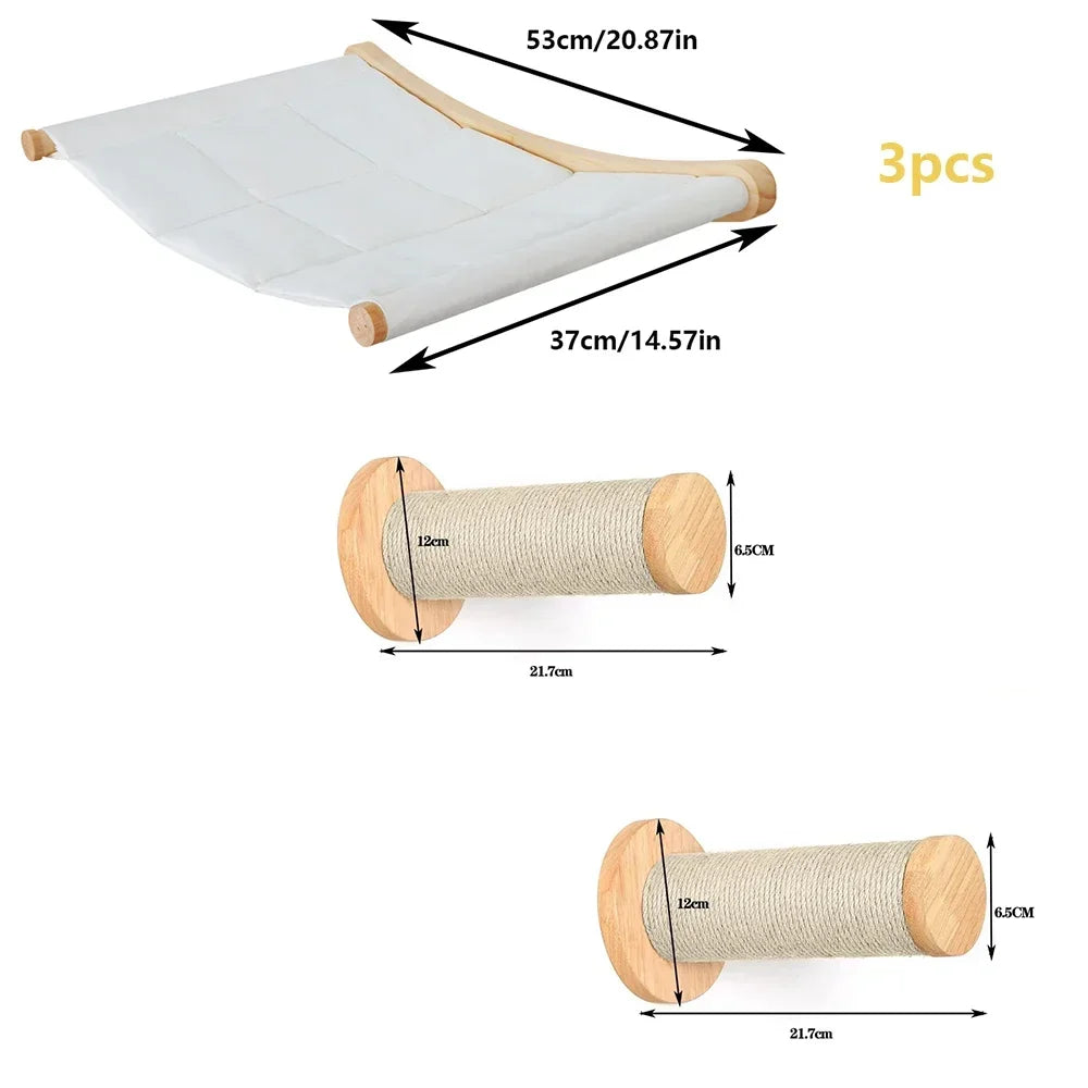 Wall Mounted Cat Climbing Shelves Cat House Cat Bridge Cat Hammock with Scratching Post and Pedals or Stairway for Kittens