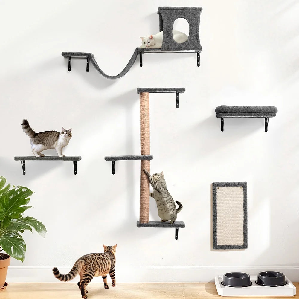 Cat Wall Shelves Perches Set,  5 in 1 Wall Furniture, Sleeping Playing Lounging Climbing Wall-Mounted Cat Tree House for Multiple Cats