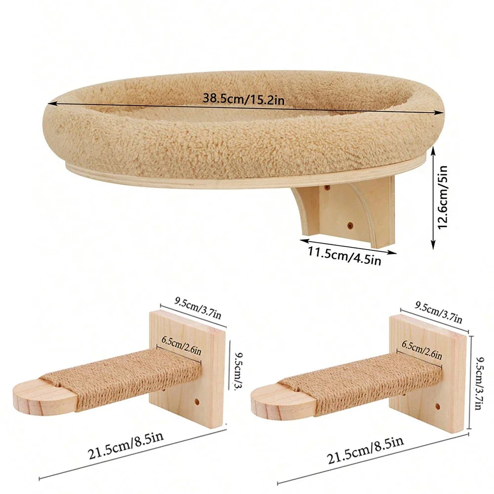 Wall Mounted Cat Climbing Shelves Cat House Cat Bridge Cat Hammock with Scratching Post and Pedals or Stairway for Kittens