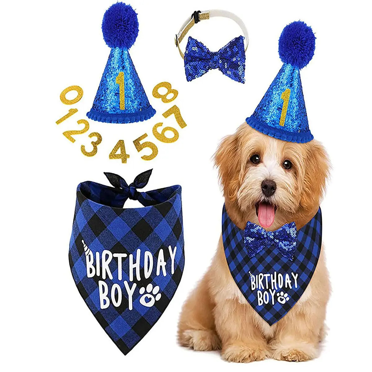Dog Birthday Party Supplies, 1 Set Dog Birthday Hat & Bow Tie & Number & Bandana Set, Pet Birthday Party Decoration