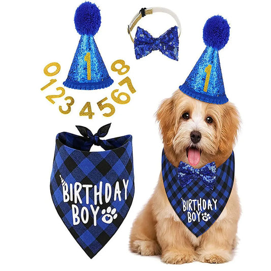 Dog Birthday Party Supplies, 1 Set Dog Birthday Hat & Bow Tie & Number & Bandana Set, Pet Birthday Party Decoration