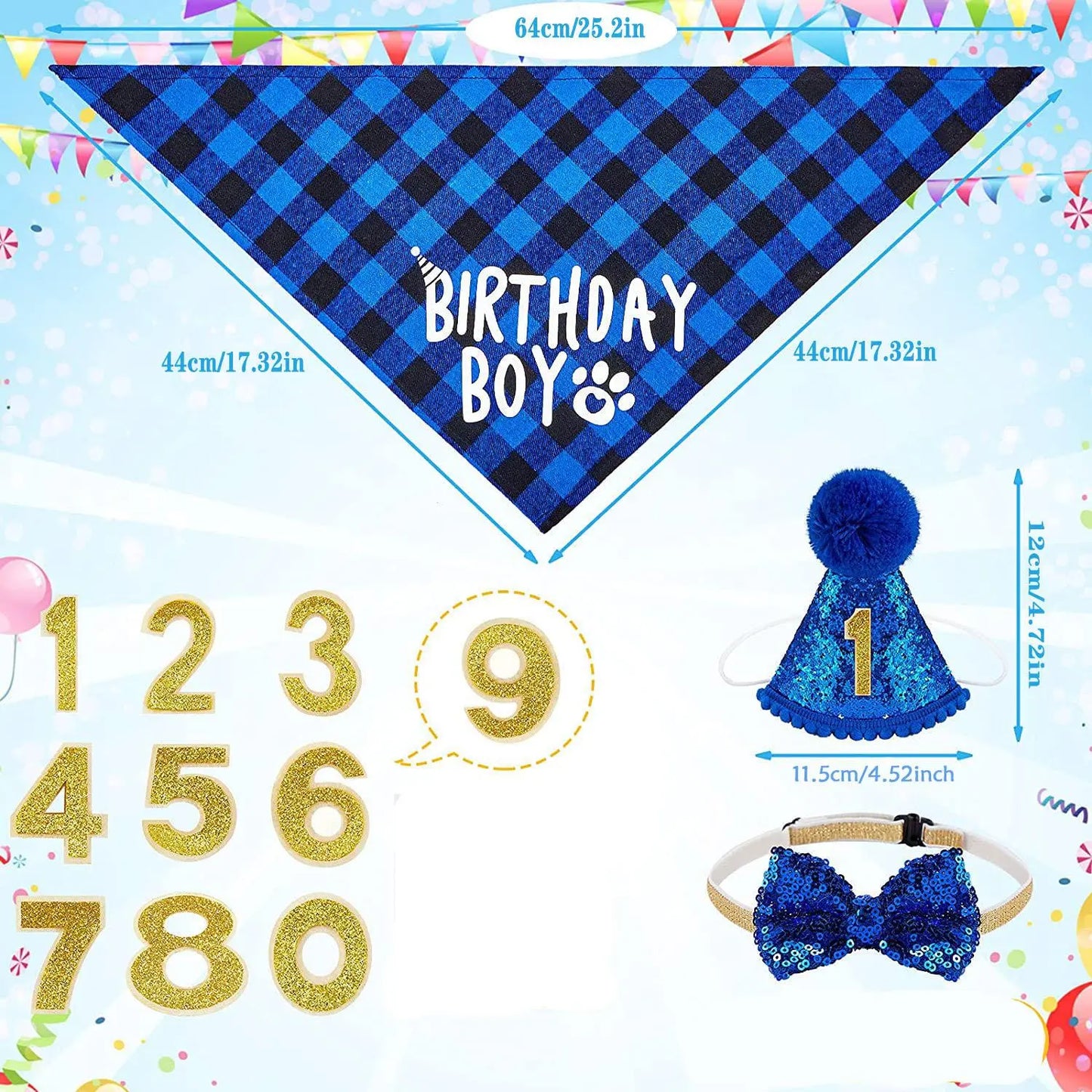Dog Birthday Party Supplies, 1 Set Dog Birthday Hat & Bow Tie & Number & Bandana Set, Pet Birthday Party Decoration