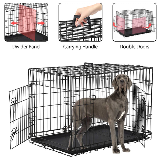 48 Inch Jaula Para Perro, Jaulas Y Perreras Para Perro Grande Plegable Jaula Grande Para Perros Grandes Con Asa Jaula De Alambre Metálico Para Exteriores De Doble Puerta Con Bandeja De Plástico Para Perros Medianos, Negro