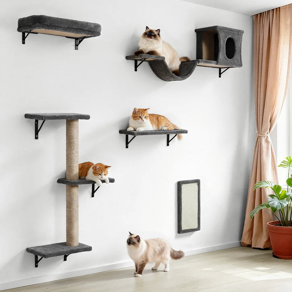 Cat Wall Shelves Perches Set,  5 in 1 Wall Furniture, Sleeping Playing Lounging Climbing Wall-Mounted Cat Tree House for Multiple Cats